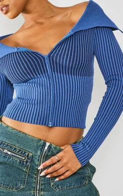 Navy Two Tone Rib Foldover Zip Jacket