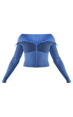 Navy Two Tone Rib Foldover Zip Jacket