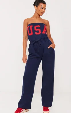 Navy Usa Graphic Tie Bandeau Wide Leg Jumpsuit
