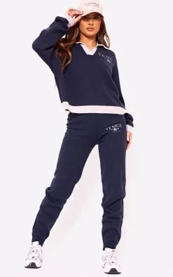 Navy Venice Embroidered Knitted Sweatpants