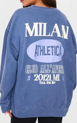Navy Washed Milan Athletic Printed Sweatshirt