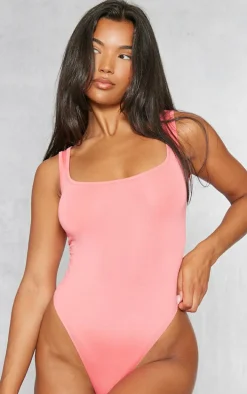Neon Pink Basic Slinky Scoop Neck Bodysuit