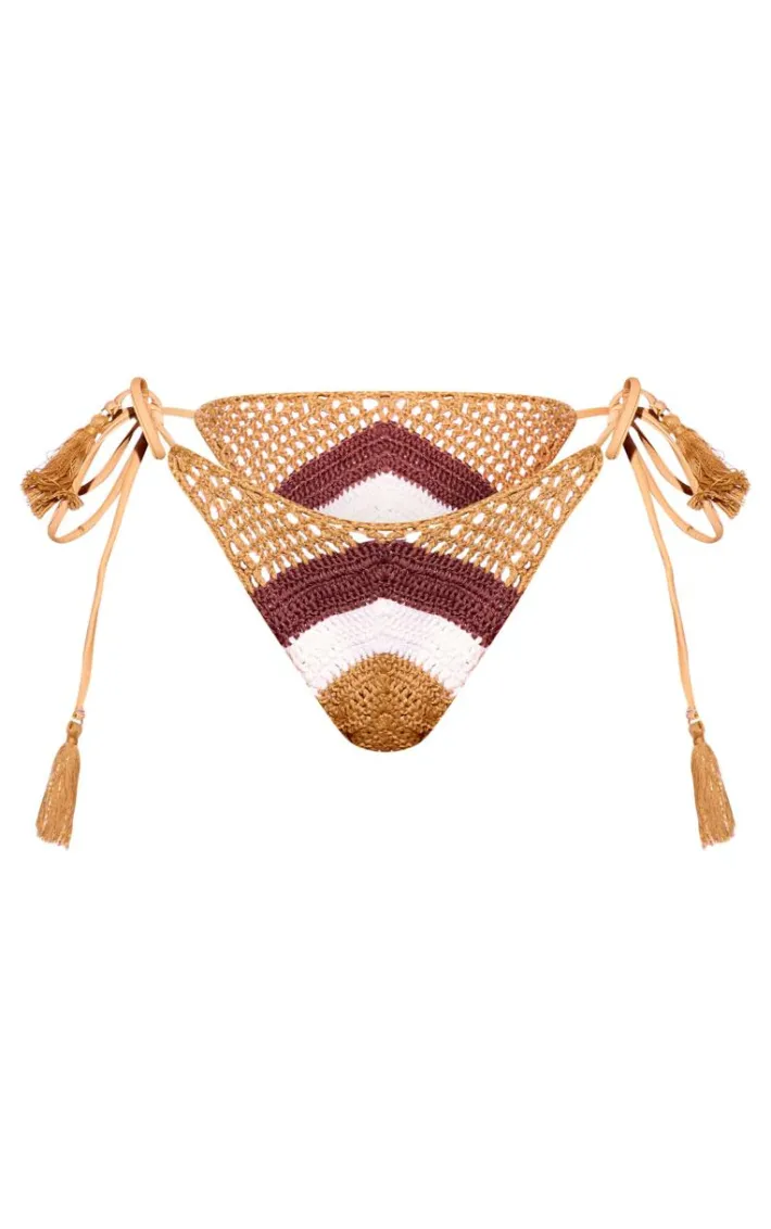 Neutral Crochet Stripe Tie Side Bikini Bottoms