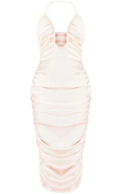 New Nude Satin Plunge Ruched Midaxi Dress