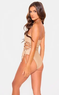 Nude Bandeau Tie Side Swimsuit