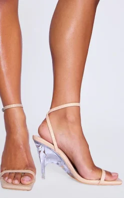 Nude Croc PU Wide Fit Square Toe Clear Wedge Heel Sandals