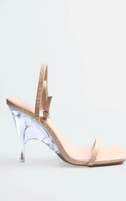 Nude Croc PU Wide Fit Square Toe Clear Wedge Heel Sandals