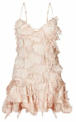 Nude Eyelash V Neck Frill Hem Mini Dress