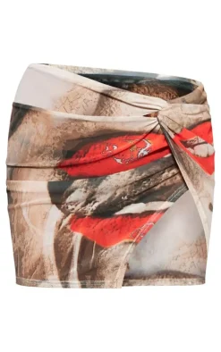 Nude Face Print Mesh Knot Detail Micro Mini Skirt