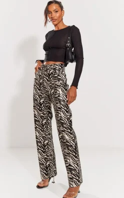 Nude Faux Leather Zebra Printed Straight Leg Pants