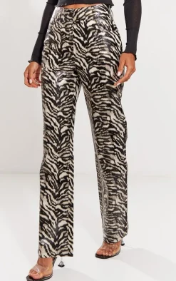 Nude Faux Leather Zebra Printed Straight Leg Pants