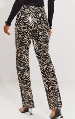 Nude Faux Leather Zebra Printed Straight Leg Pants