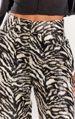 Nude Faux Leather Zebra Printed Straight Leg Pants