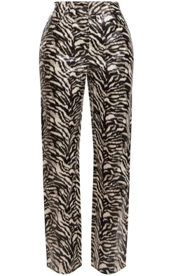 Nude Faux Leather Zebra Printed Straight Leg Pants