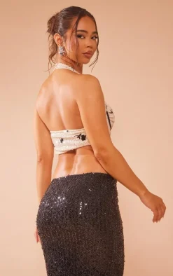 Nude Floral Detail Sequin Halter Bonded Ruched Bust Corset