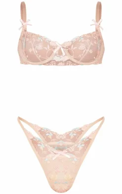 Nude Floral Lace Mesh Underwired Bra and Thong Lingerie Set