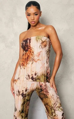 Nude Floral Plisse Longline Bandeau Top