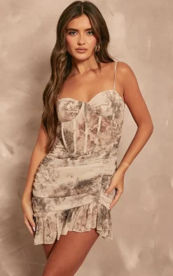 Nude Floral Print Corset Frill Hem Bodycon Dress