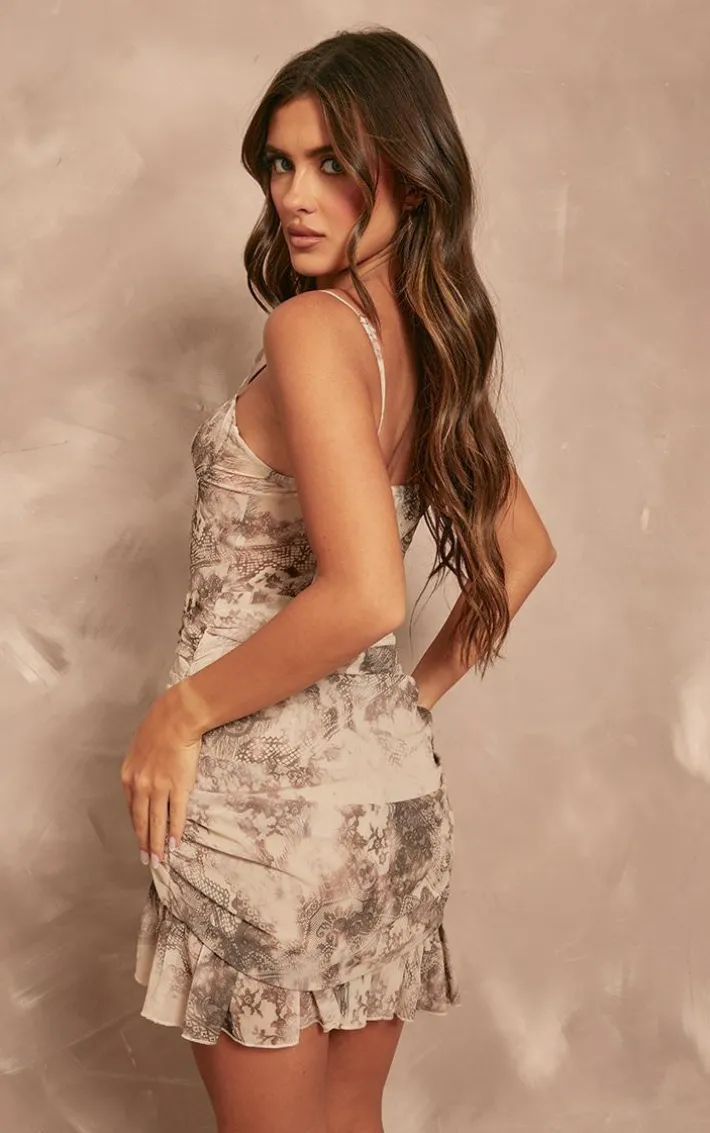 Nude Floral Print Corset Frill Hem Bodycon Dress