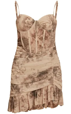Nude Floral Print Corset Frill Hem Bodycon Dress