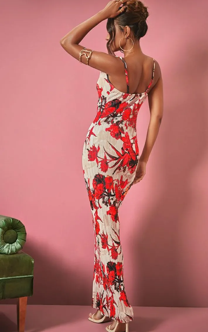 Nude Floral Print Plisse Strappy Maxi Dress