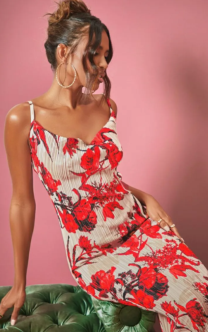 Nude Floral Print Plisse Strappy Maxi Dress