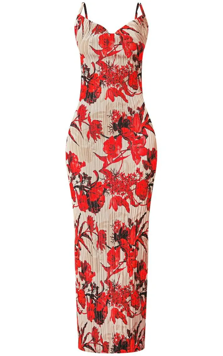 Nude Floral Print Plisse Strappy Maxi Dress