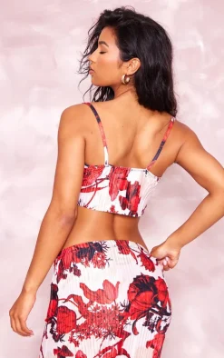 Nude Floral Print Plisse Strappy Cowl Neck Top