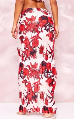 Nude Floral Print Plisse Maxi Skirt