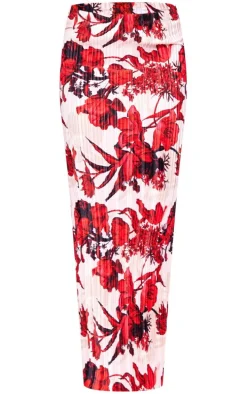 Nude Floral Print Plisse Maxi Skirt