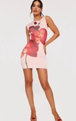 Nude Floral Print Slinky Racer Neck Mini Dress