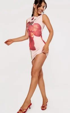 Nude Floral Print Slinky Racer Neck Mini Dress