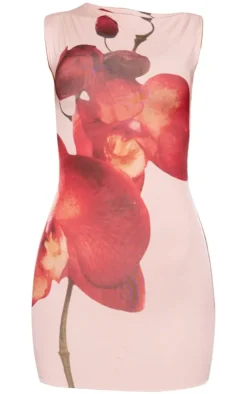 Nude Floral Print Slinky Racer Neck Mini Dress