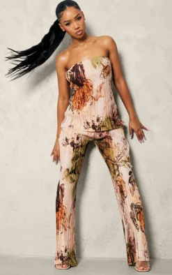 Nude Floral Printed Plisse Mid Rise Wide Leg Pants