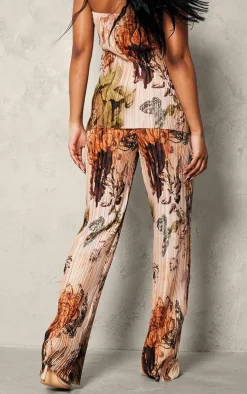 Nude Floral Printed Plisse Mid Rise Wide Leg Pants