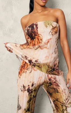 Nude Floral Printed Plisse Mid Rise Wide Leg Pants