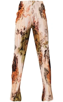 Nude Floral Printed Plisse Mid Rise Wide Leg Pants