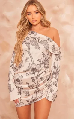 Nude Floral Satin One Shoulder Drape Bodycon Dress