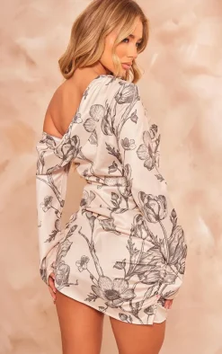 Nude Floral Satin One Shoulder Drape Bodycon Dress