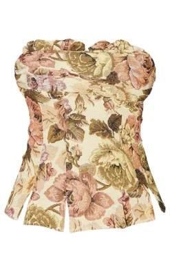 Nude Floral Woven Jacquard Ruched Bust Spilt Hem Corset