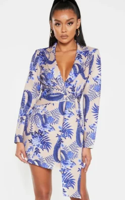 Nude Floral Wrap Detail Blazer Dress