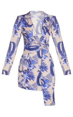 Nude Floral Wrap Detail Blazer Dress