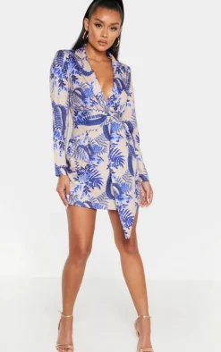 Nude Floral Wrap Detail Blazer Dress