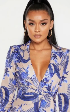 Nude Floral Wrap Detail Blazer Dress