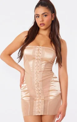 Nude Mesh Panel Lace Up Bandeau Bodycon Dress