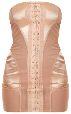 Nude Mesh Panel Lace Up Bandeau Bodycon Dress