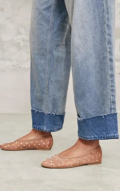 Nude Mesh Round Toe Diamante Stud Ballet Pumps