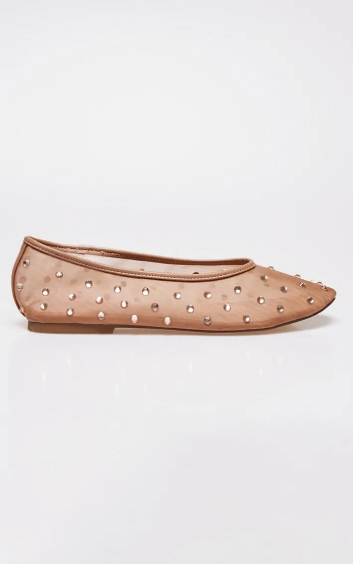 Nude Mesh Round Toe Diamante Stud Ballet Pumps