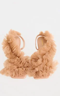 Nude Mesh Square Toe Ruffle Asymmetric Sling Back Heeled Sandals