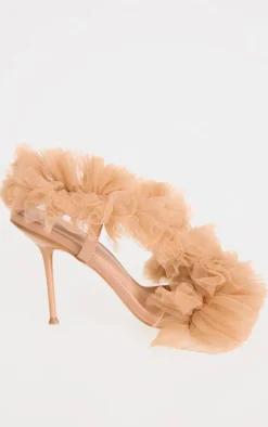 Nude Mesh Square Toe Ruffle Asymmetric Sling Back Heeled Sandals
